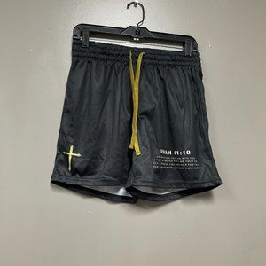 Saint Kaizen Black Gym Shorts with Bible Verse on Leg Gold Drawstring Small